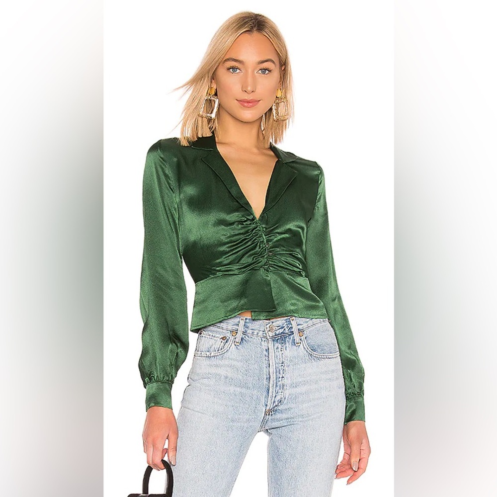 NWT House of Harlow 1960 x REVOLVE Emerald Green Satin V Neck Blouse